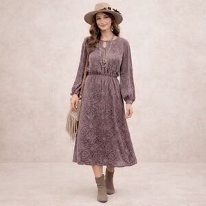 LaBellum Hillary Scott Mauve Velvet Burnout Maxi Dress  XL Long Sleeve Boho NWT
